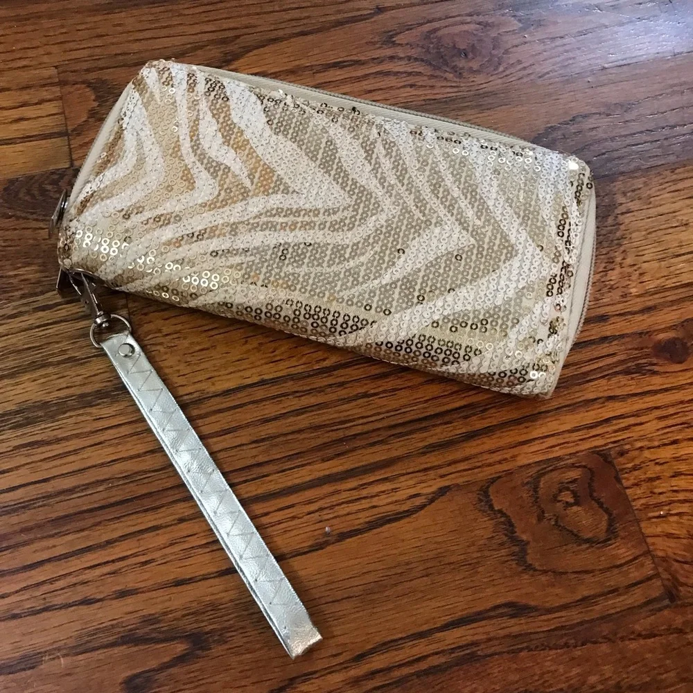 Ladies Gold & Cream Color Sequin Clutch Wallet Handbag Carry All Purse Credit C…